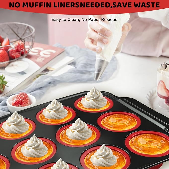 Silicone Muffin Pan Set, Reinforced Metal Frame Cupcake Baking Pan with Brush & Scraper 12-Cup Muffin Tin, Silicone Muffin Pan for baking for Toast Cupcakes Brownies Canele Mold Oven Dishwasher Safe