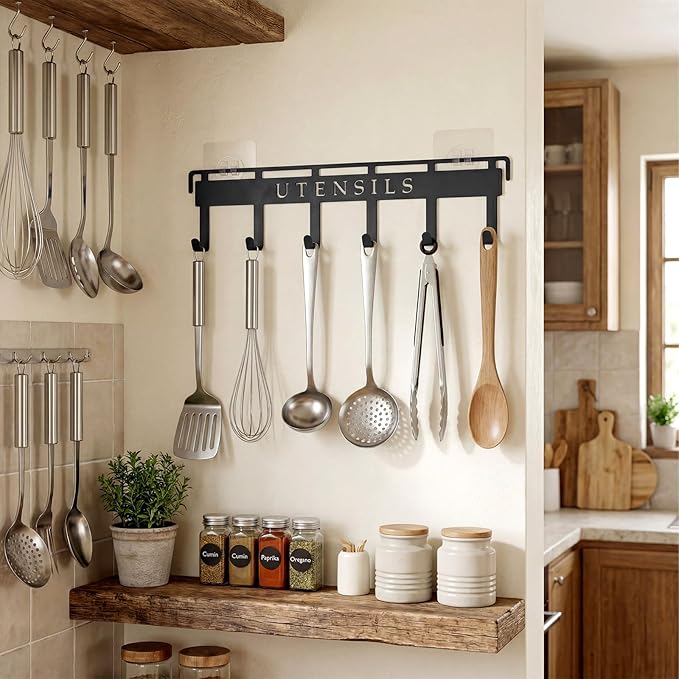 Kitchen Utensil Hanger Wall Mount Kitchen Utensil Holder Organizer Rack Rail with 6 Hooks Space Saving No Drilling Black Adhesive Wall Hooks for Hanging Cooking Utensils Set