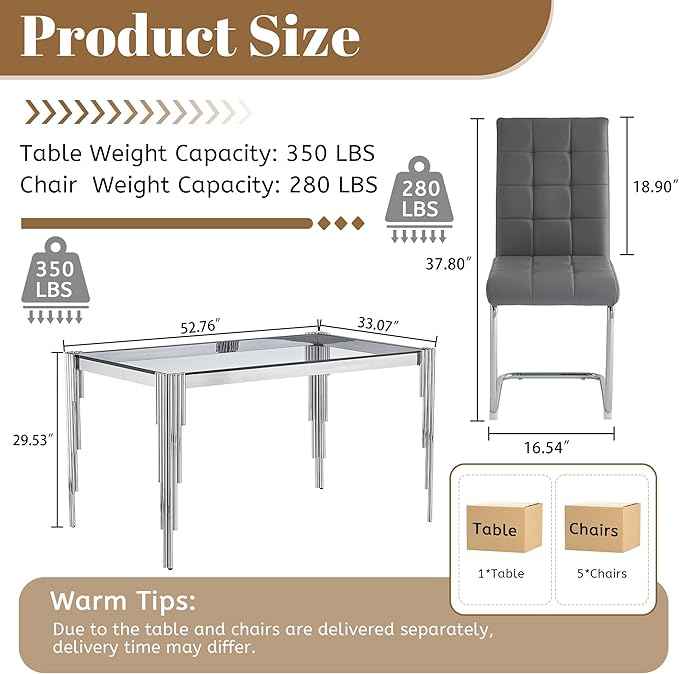 AF ARTISAN FURNITURE 53'' Glass Dining Table Set for 4, Kitchen Table Chairs Set of 4, Clear Silver Glass Dining Tables with Stainless Steel Legs, 4 Grey PU Dining Chairs, Living Room, Kitchen