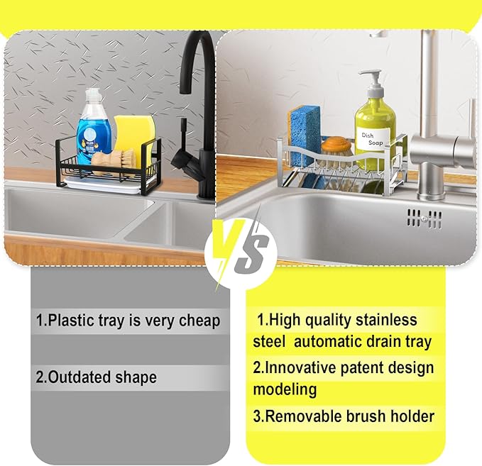 Maifan Stainless Steel Kitchen Sink Caddy Organizer with Auto Drain Tray, Sponge Holder for Countertop Storage Silver