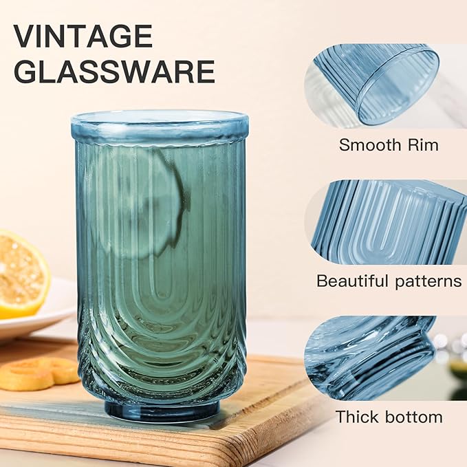 JOVGANK Blue Vintage Glassware Set of 6-17Oz Blue Water Drinking Glass, Art Deco Ripple Highball Glass, Whiskey Cocktail Glasses, for Bar Ice Coffee Juice, Housewarming Gifts and Mother's Day Gift