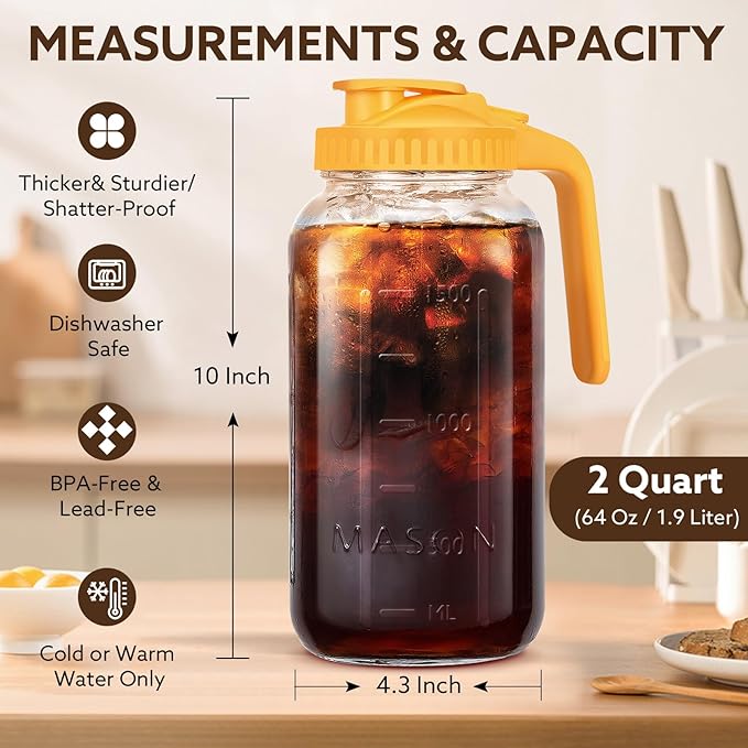 Mihlapi Glass Pitcher with Lid, 64 OZ Mason Jar Pitcher Double Leak Proof, 2 Quart Breast Milk Storage Containers for Fridge, Wide Mouth Glass Jar for Sun Tea, Juice, Cold Brew Coffee