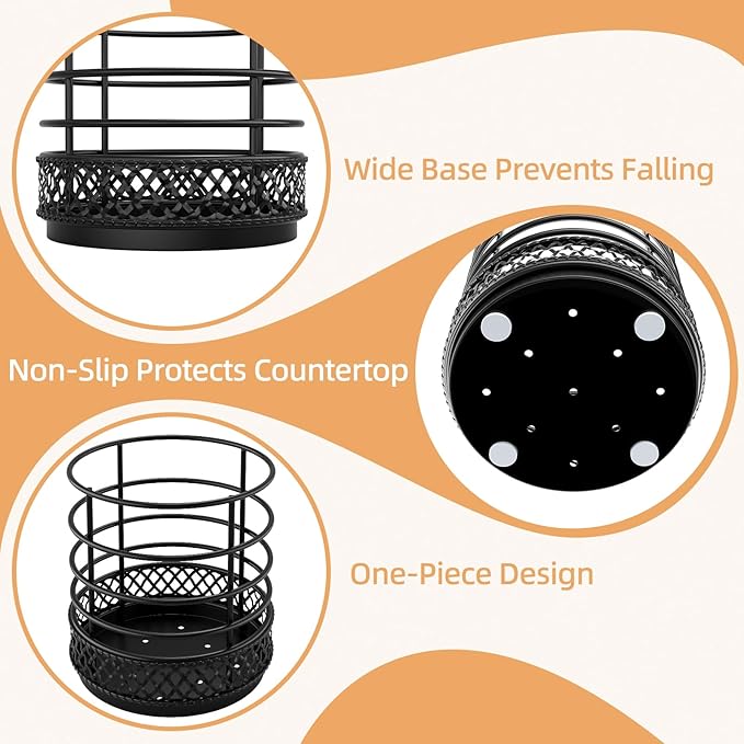Metal Kitchen Utensil Holder for Kitchen Counter-5.43 x 5.98 inch, Black Utensil Crock for Spatula, Spoon, Fork & Knife, Rustproof Organizer