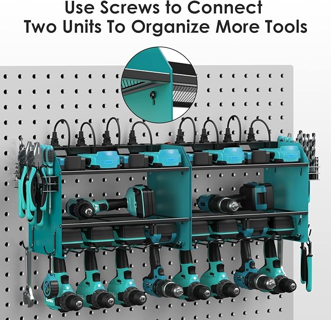 CCCEI Modular Power Tool Organizer Wall Mount with Charging Station. Garage Drill Storage Shelf with Hooks, Heavy Duty Rack, Tool Battery Holder Built in 8 Outlet. Gift for Men. Navy Blue, 2 Pack.