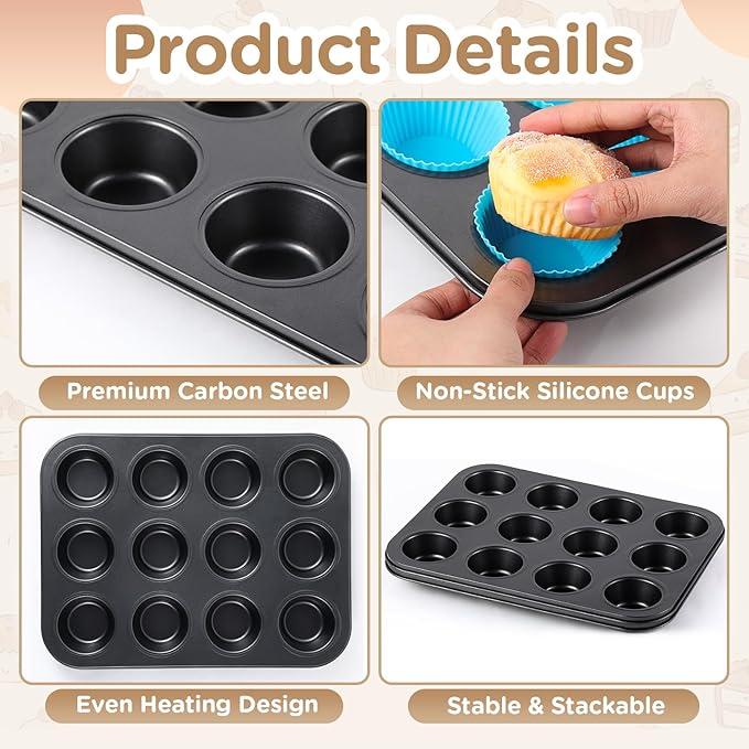 2 Set 12-cup Non Stick Carbon Steel Muffin Pan for Baking with 24 Reusable Silicone Liners, Non Toxic Cupcake Pan Muffin Tin for Easter Wedding Brownies Egg Bite, Easy to Pop(Blue)