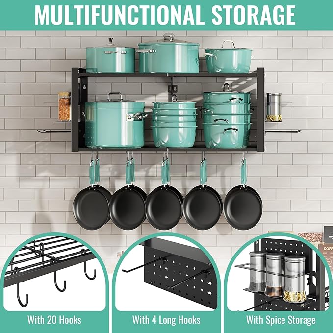 31 Inch Pot Rack Wall Mounted, 2-Tier Pots and Pans Organizer with 20 Hooks & Pan Organizer and Spice Rack, Heavy Duty Hanging Pot Hanger for Kitchen Cookware, Utensils, Black