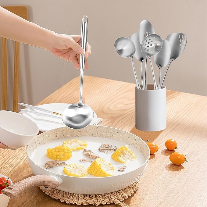6Pcs Stainless Steel Kitchen Utensils Set – Cooking Utensils Set Stainless Steel, Metal Cooking Utensils with Wok Spatula, Serving Spoons,Ladle Set– Durable Cooking Supplies for Home and Camping