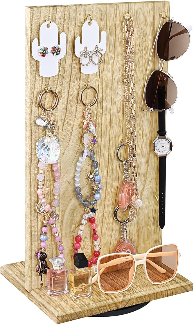 Ikee Design Wooden Rotating Two-Sided Jewelry Display Stand, Rotating Organizer with 32 Hooks for Store, Earring Keychain Display with Hooks, Oak color, 9 W x 7.5 D x 16.5 H in