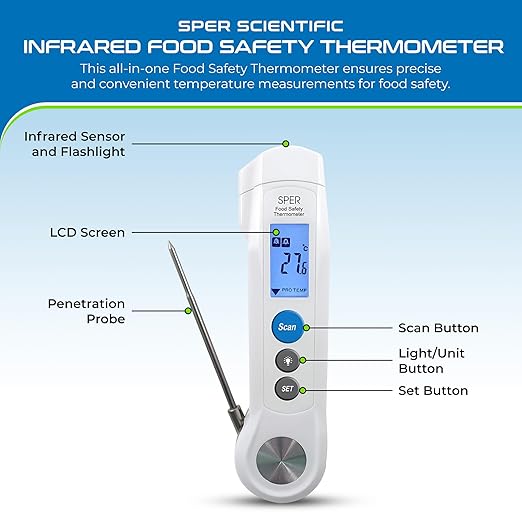 Sper Scientific Dual Function Infrared & Probe Food Safety Thermometer 800115 - Non-Contact Infrared Surface Temperature & Foldable Probe for Internal Temps, Fast & Accurate for Kitchens & more - 4 pc