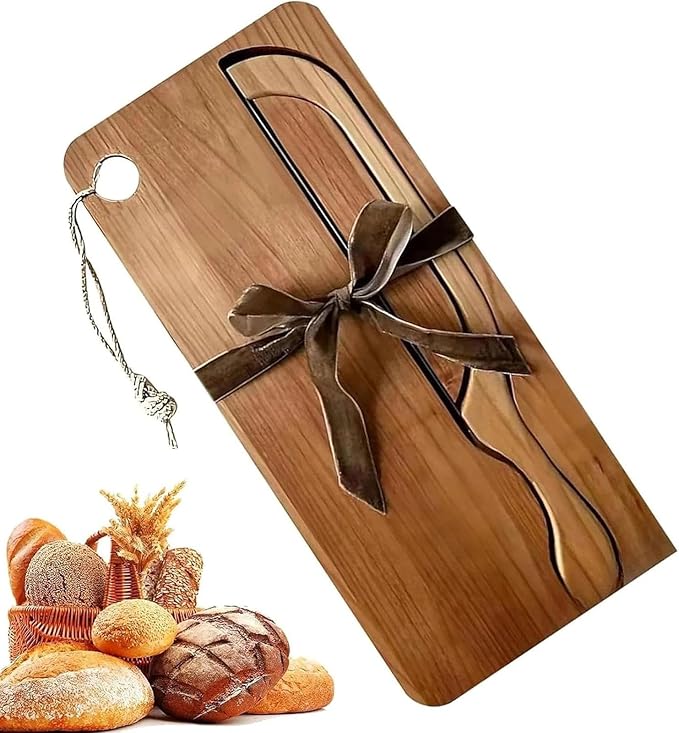 Bread Slicer for Homemade Bread, Manual Bow Knife and Cutting Board Set with Crumb Tray, Sourdough Loaf Slicer for Left & Right Handed Home Bakers, Wooden Board Design(Acacia Wood)