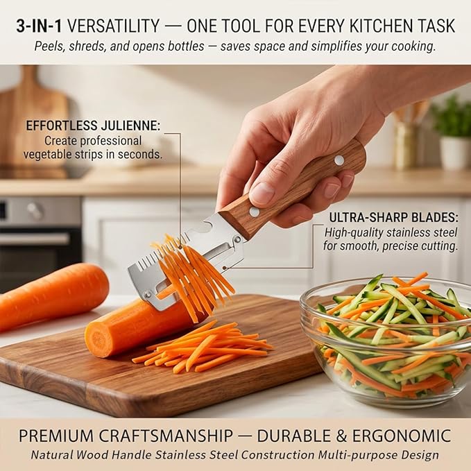 2 Pack Multifunctional Vegetable Peeler, 3-in-1 Peelers For Kitchen with Bottle Opener, Sharp Stainless Steel Swivel Blade, Wooden Handle, For Vegetables or Fruits that Need to Be Peeled