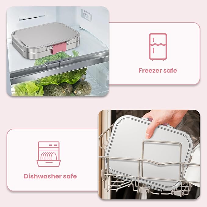 LOHASOK Stainless Steel Bento Lunch Box, 3-Compartment Food Container Large 800ML Metal Bento Box for Kids or Adults with Lockable Clips to Leak Proof Pink