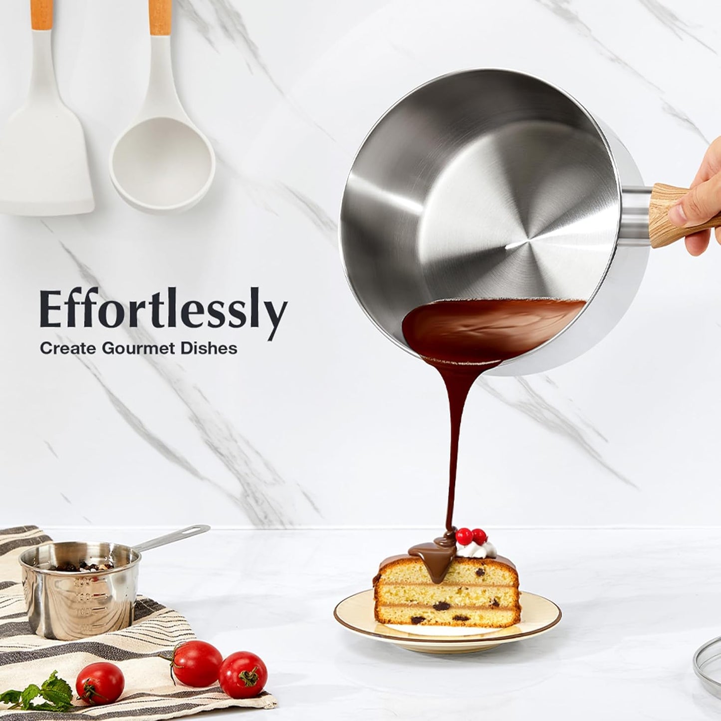 KOCH SYSTEME CS Stainless Steel Saucepan, 2 Quart Saucepan with Lid & Heat-resistant Bakelite Handle, Tri-ply Bottom Steel Sauce Pan with Lid, Induction Ready, Stainless Steel Pot 2QT