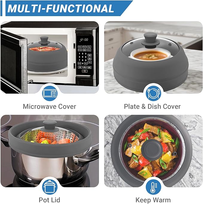 Glass Microwave Cover for Food, 10.5 Inch Collapsible Silicone Microwave Splatter Cover, Microwave Splatter Cover Glass, Microwave Food Cover for Pot Plate, Heat Resistant, BPA-Free, Dishwasher Safe