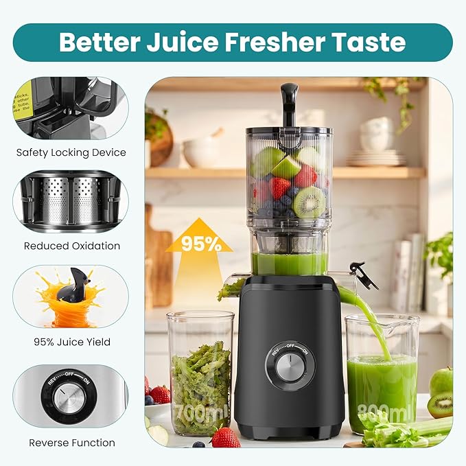 OLIXIS Cold Press Juicer, Masticating Juicer Machine with Reverse Function, Juice Extractor for Making Nut Milk, Easy Clean & Blade-Free, Black