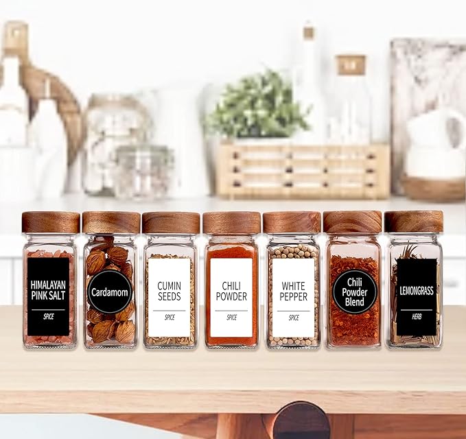 Churboro 36 Glass Spice Jars with 547 Labels with Shaker Lids - 4 Oz Square Spice Containers with Acacia Wood Lids, Chalk Pen, Funnel Seasoning Jars for Spice Rack, Cabinet, or Drawer