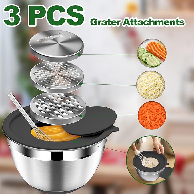 DUTZUN Mixing Bowls with Lids Set - 16pcs Stainless Steel Mixing Bowl Set with Colander, 3 Grater Attachments, Non-Slip Bottom, Metal Nesting Bowls with Strainer for Mixing & Serving - Black