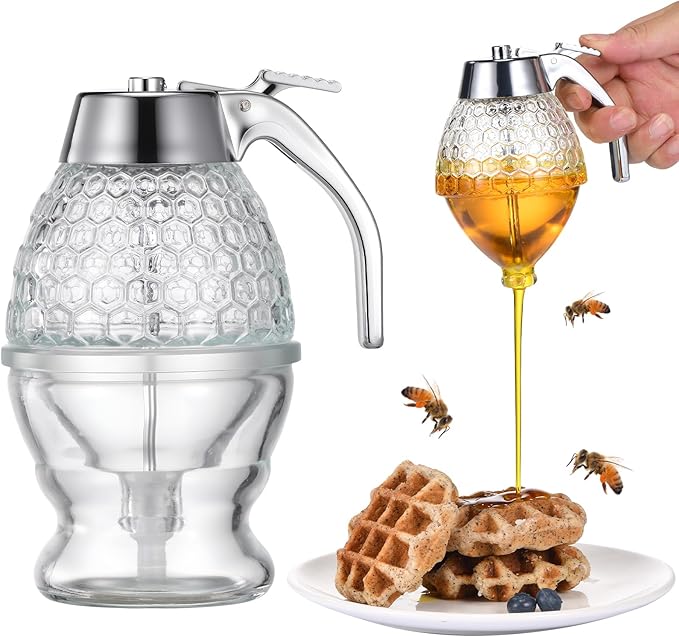 Glass Honey Dispenser 8 Ounces - Drip-Free Honey Jar With Glass Stand, Kitchen Leak-Proof Syrup Dispenser, Elegant Honeycomb Design For Storing Honey, Maple Syrup And Coffee Syrup