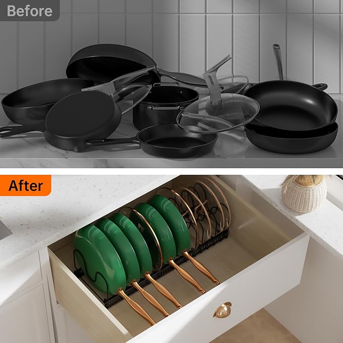 MUDEELA Pots and Pans Organizer Rack for under Cabinet, Expandable Pot Lid Kitchen Cabinet Organizer Holder with 14 Adjustable Compartment Cutting Board Organizer for Pan Lid, Bakeware