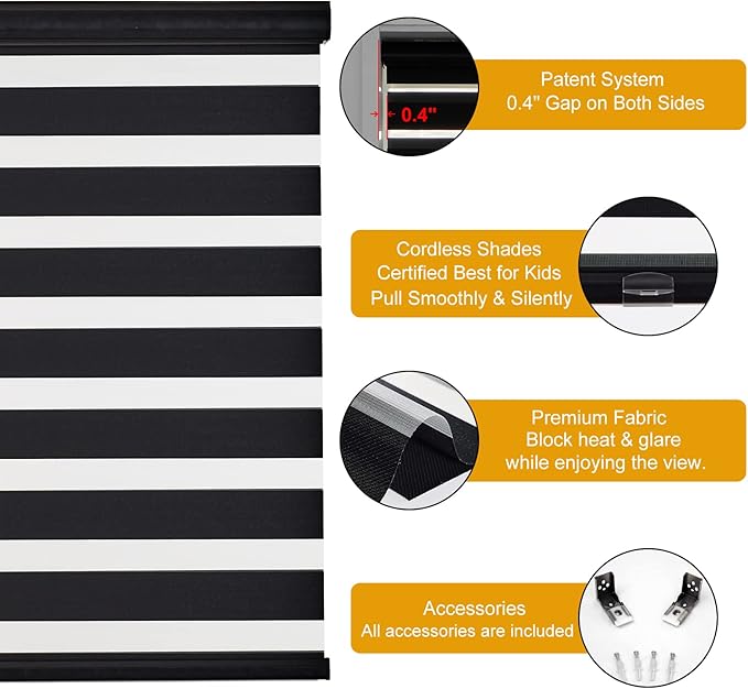 Persilux Cordless Zebra Blinds for Windows (34" W X 64" H, Black) Free-Stop Windows Shades Dual Layer Light Control for Day and Night, Light Filtering Sheer Shades for Home, Easy to Install