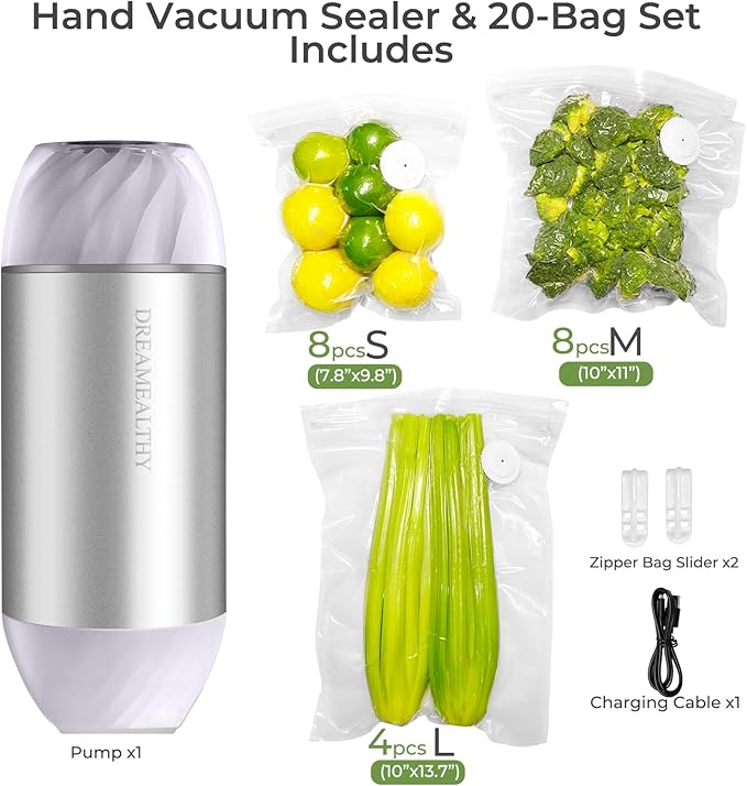 Auto Handheld Vacuum Sealer for Food - Compact Vacuum Sealer with 20 BPA-Free Reusable Air-Valve Bags, 8 Small, 8 Medium, 4 Extra-long), One-Touch Sealing Portable Sealer for Sous Vide&Freshness.