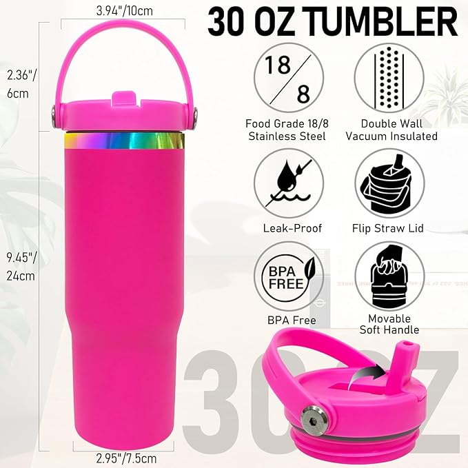 30 oz Tumbler Bulk with Handle and Straw, Vacuum Insulated Tumblers with Flip Straw and Top Handle, Leakproof Powder Coated Tumbler, Stainless Steel Travel Mug for Coffee Water (Rosy, 8 Pack)