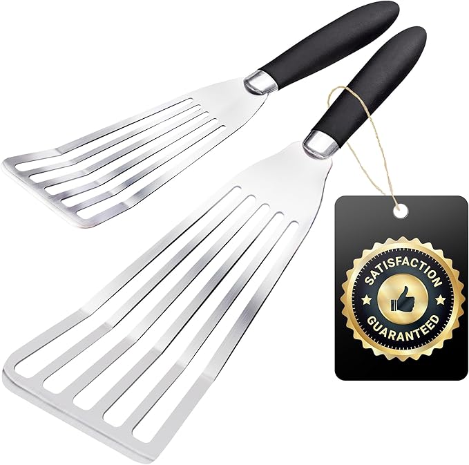 Professional Fish Spatula Stainless Steel Set - 1 Large + 1 Small stainless steel spatula - mirror polished spatulas with heat resistant ergonomic handles - fish turner for Flipping, Frying & Grilling