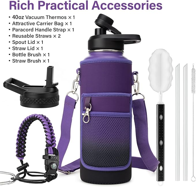 DYSANKY Insulated Water Bottle | Thickened Stainless Steel Vacuum Metal | Portable Sports Water Jug for Gym and Hiking with Straw, Carrier Bag, Handle Strap | BPA-Free 40 oz