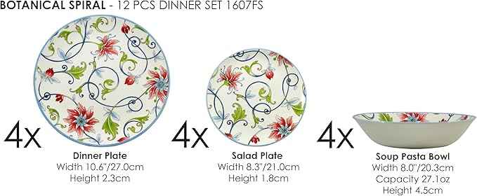 Tudor Royal 12-Piece Round Porcelain Dinnerware Set, Service for 4, Botanical Design, Summer Flowers, Plates Bowls Dishes, Glossy, Premium Quality Dish Set, Unique Pattern