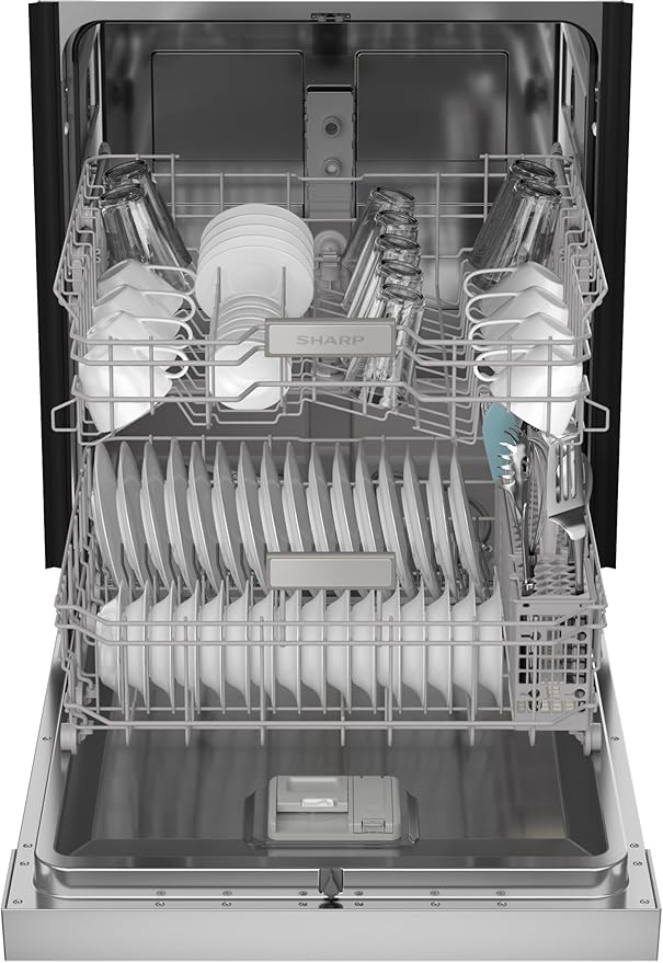 Sharp SDW6504MS Stainless Steel Dishwasher, 24-inch Pocket Handle, 52 dB, Hybrid Tub, 12 Place Settings, 5 Cycles, Heated Dry
