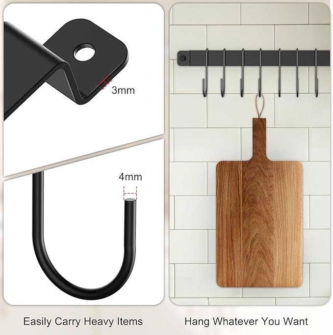 Kitchen Hanger Wall Mounted with 10 Hooks, Wrought Iron Kitchen Rail Utensil Holder Rack, Hanging Pots, Pans, Coffee Mug, Black, 17", 2 Pcs