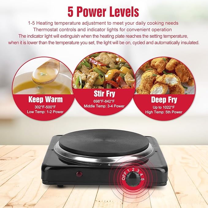 Electric Countertop Burner, 1500W Cooktop with Cast Iron Hot Plate, 5 Level Temperature Control, Easy to Clean, Indicator Lights, Cooking Stove for Office Home Camping RV
