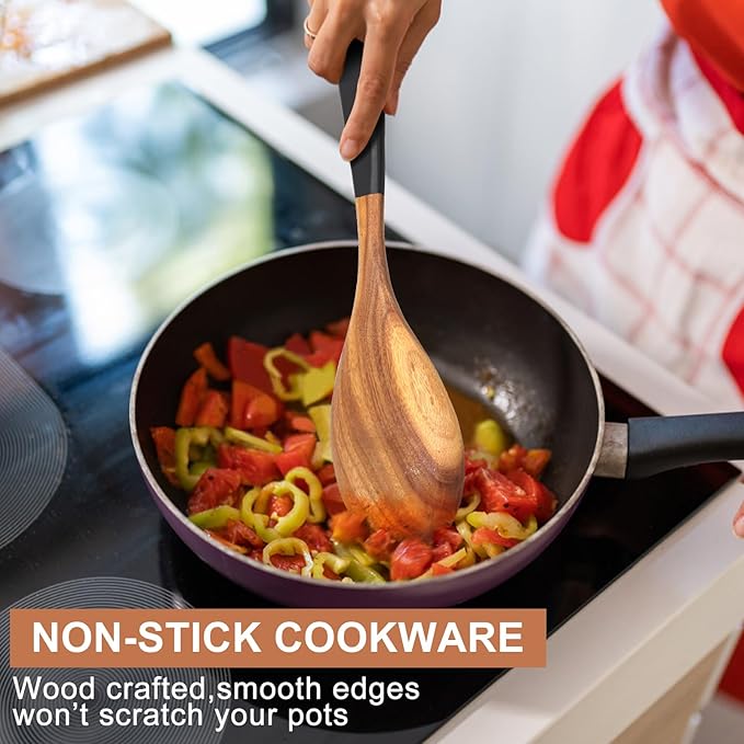2 Pcs Large Wooden Spoons for Cooking Serving Utensils 12" Big Mixing Non Toxic Spoon for Baking Cooking Spatula Set Unique Acacia Wood Teak Long Stirring Spoons Ladle Kitchen Tools Gift