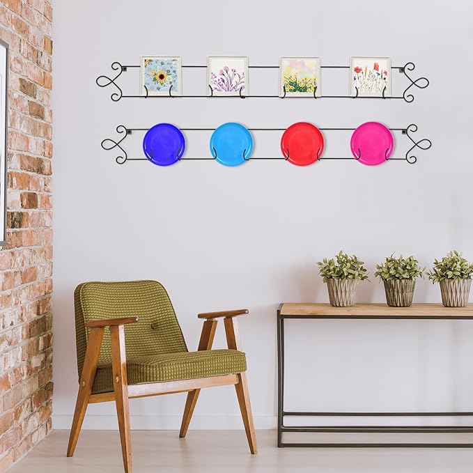 2 Pcs Horizontal Plate Rack Black Large Plate Hangers for the Wall Metal Decorative with 4 Non Adjustable Brackets for Collectible Plates Dishes Plaques