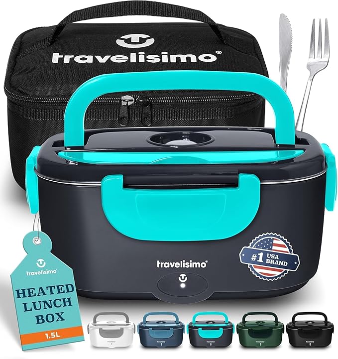TRAVELISIMO Electric Lunch Box for Adults 100W Heated Lunch Box For Men 1.5L Stainless Steel Portable Food Warmer, 12/24/110V for Travel & Work, Loncheras Electricas Para Calentar almuerzo
