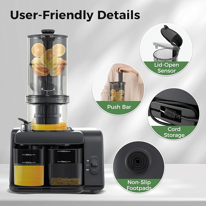 Cold Press Juicer, 5.3" Wide Feed Chute Easy to Clean Juicers w/Cleaning Brush & 2 Cups, 200W Power Motor Slow Masticating Juicer Machine w/High Juice Yield for Whole Vegetables & Fruits