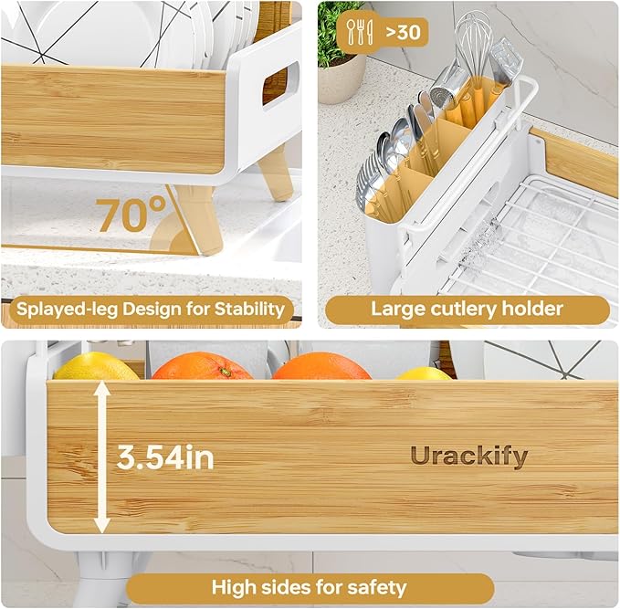 Urackify Dish Drying Rack for Kitchen Counter - Stainless Steel & Bamboo Dish Rack with Large Removable Utensil Holder, Dish Drainer with Adjustable Automatic Spout, White