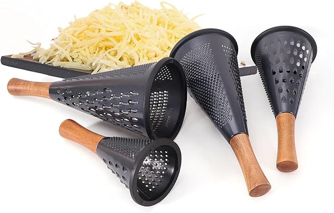 Cone Cheese Grater with Handle Stainless Steel Grater Triple Function Wood Handle Shredder Non-Slip Rubber Bottom Hand Held Multifunction Vegetables Grater Black 4-Size (Size XL:11.8" X 5.1" Black)