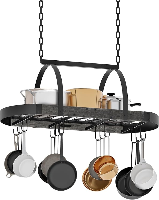 CHOEZON Hanging Pot Rack, Pot Hanger for Kitchen, Ceiling Mounted Pot Holder, Cookware Organizer with 12 S-Shaped Hooks, for Pot, Pan Storage, Space-Saving, Charcoal Black and Black TPR08BCC1