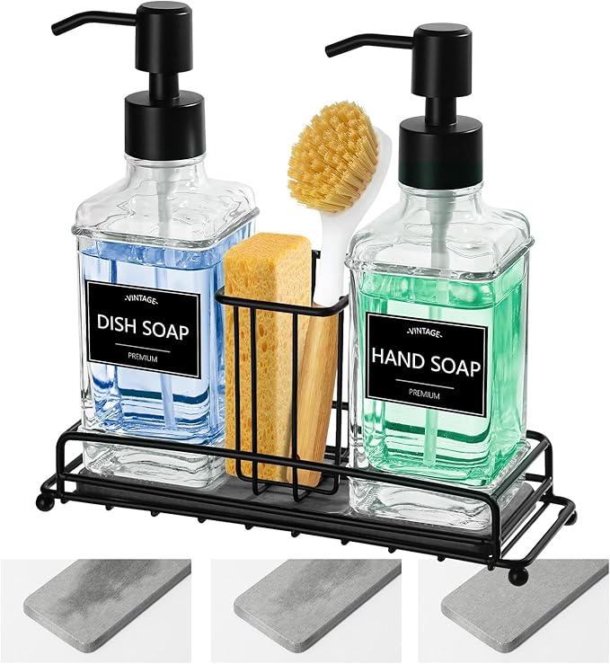 VIMERPA Kitchen Soap Dispenser Set,Kitchen Soap Dispenser with Sponge Holder,Hand and Dish Dispenser Set,Instant Dry Tray, Clear