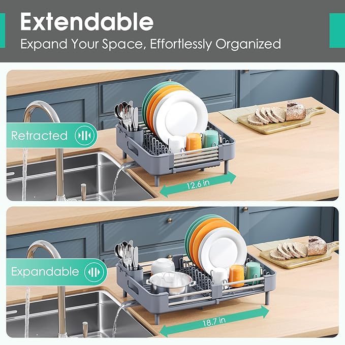 TOOLF Dish Drying Rack, Expandable Dish Rack for Kitchen Counter, Anti-Rust Dish Drainer, Sink Organization and Storage Essentials with Cutlery & Cup Holder, Gray
