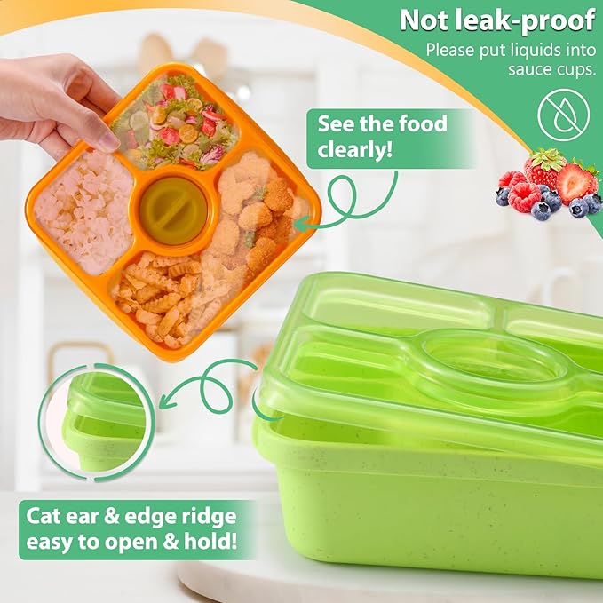 QQKO Bento Snack Box Containers for Adults Kids, 4 Pack Lunchable Meal Prep Containers Reusable, Stackable Bento Lunch Box, Food Storage Prep Containers with Lids and 4 Sauce Cups, Jewel Color