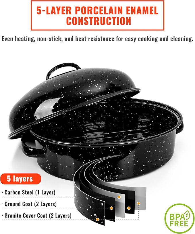 Roasting Pan with Lid & Rack 18 Inch Extra Large Deep Oven Baking Pot, Enamel Granite Non-Stick Oval Carbon Steel Pot for Turkey Chicken Ham Steak Non-Toxic for Mother Day Gift Roaster Pan