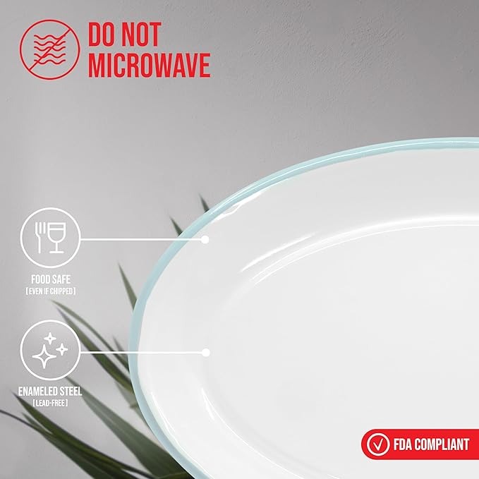 Red Co. Set of 4 Enamelware Metal Classic 13" Serving Oval Tray Platter, Solid White/Teal Rim