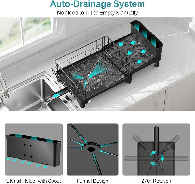 GSlife Large Dish Drying Rack for Kitchen Counter, Expandable Rust Resistant Dish Drainer with Drainboard & Utensil Holder, Adjustable Dish Rack with Vertical Pot Storage, 12.6"W x 18.7"-25.2"L, Black