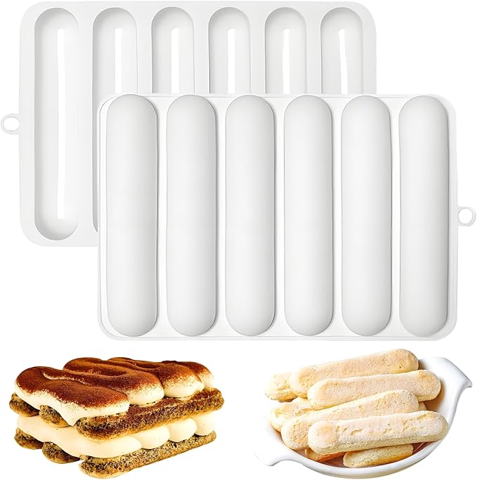 Silicone Eclair Mold, 6-Cavity Hot Dog Bun Pan, Finger Biscuit Baking Tray for Chocolate Cracker Bar, White, Set of 2