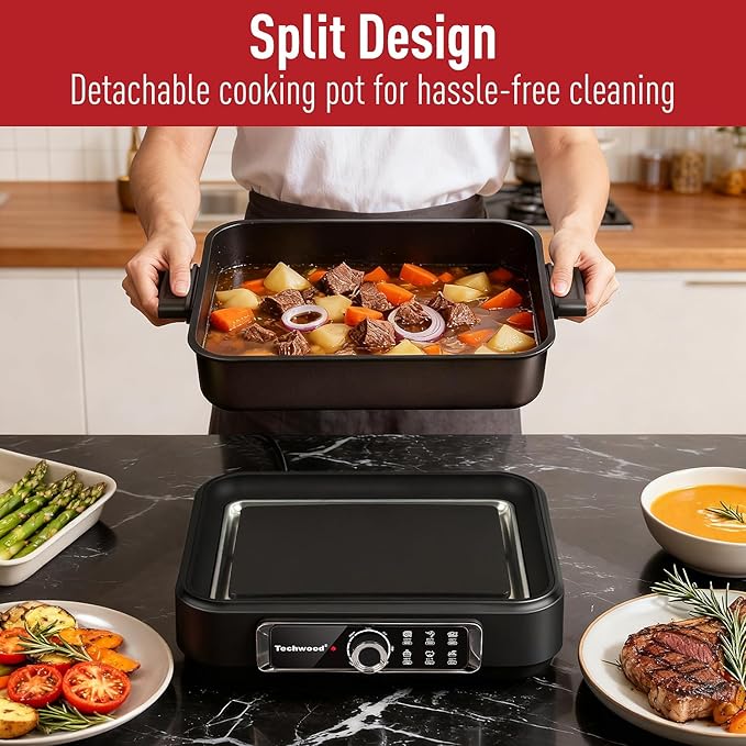 Electric Skillet, Techwood 7.5-Quart 2-in-1 Versatile Multi-Cooker with 5-Level Heat Settings, Come with Removable Non-stick Skillet Pan& Cooking Pot, Dishwasher Safe, 1500W, Black (Black)