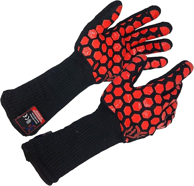 J H Heat Resistant Oven Glove:EN407 Certified 932 °F, 2 Layers Silicone Coating, Oven Mitts for Cooking, Kitchen, Fireplace,Camping, Grilling (Black/Red, Extra Long Cuff)