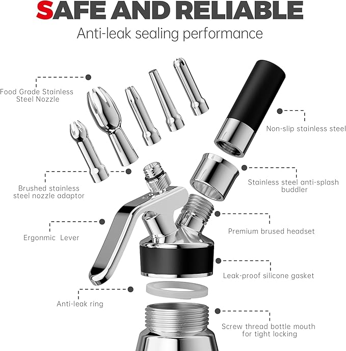 OSJCOOK Whipped Cream Dispenser Stainless Steel Cream Whipper Mirror Finish,500 mL/1 Pint Professional Cream Maker,5 Various Stainless Decorating Nozzles,1 Cleaning Brush,N2O Chargers NOT included