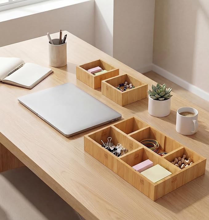 KOCWELL Bamboo Desk Drawer Organizer with Removable Dividers,Multi-Use Office Drawer Organizer Tray,Junk Drawer Organizers for Office,School,Kitchen,Makeup Supply（Original）